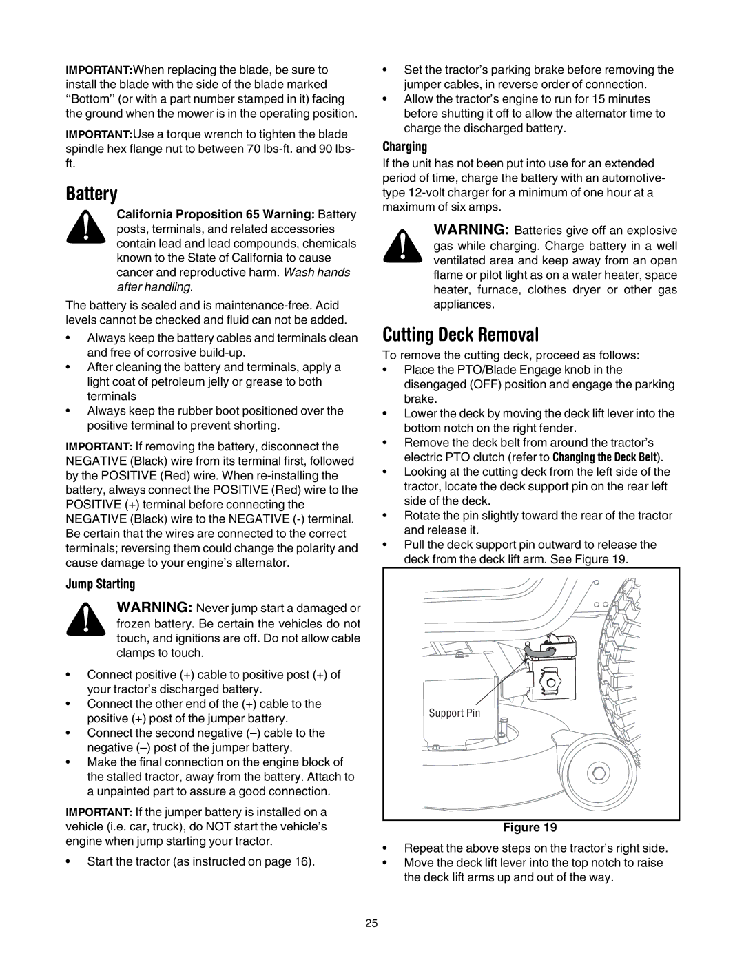 Toro 14AP80RP744 manual Cutting Deck Removal, Jump Starting, Charging, California Proposition 65 Warning Battery 