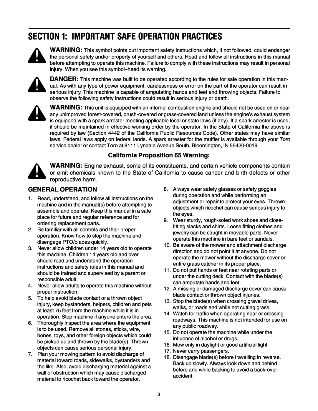 Toro 14AQ81RP544, 14AK81RK544 Important Safe Operation Practices, California Proposition 65 Warning, General Operation 