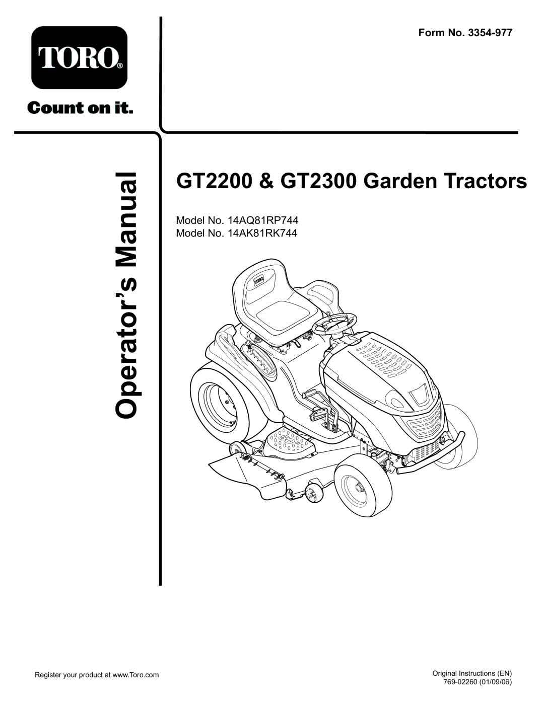 Toro 14AK81RK744, 14AQ81RP744 manual GT2200 & GT2300 Garden Tractors 