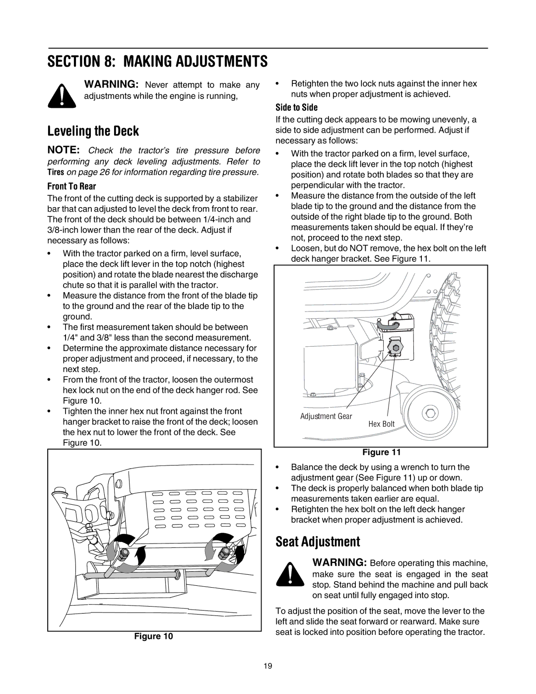 Toro 14AK81RK744, 14AQ81RP744 manual Making Adjustments, Leveling the Deck, Seat Adjustment, Front To Rear, Side to Side 