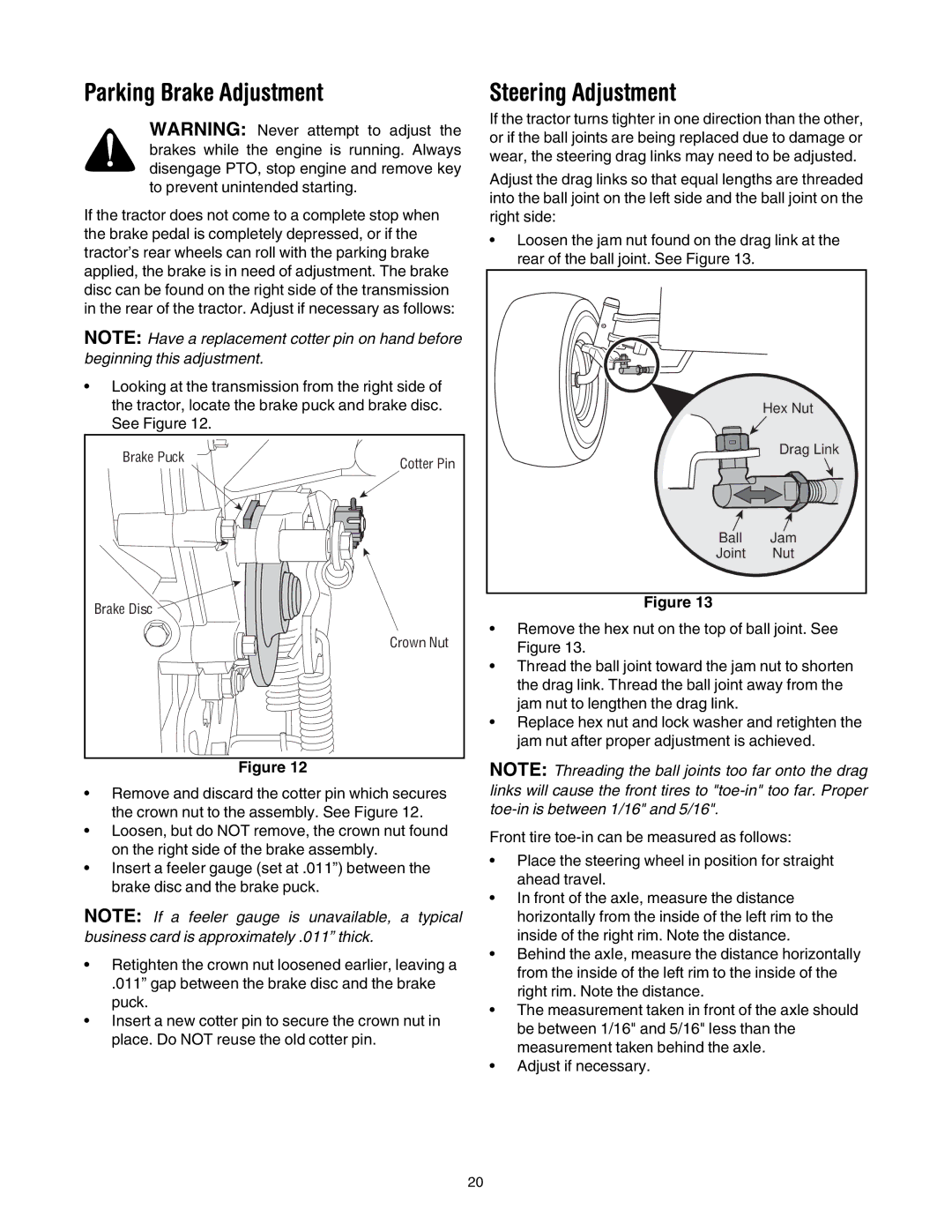 Toro 14AQ81RP744, 14AK81RK744 manual Parking Brake Adjustment, Steering Adjustment 