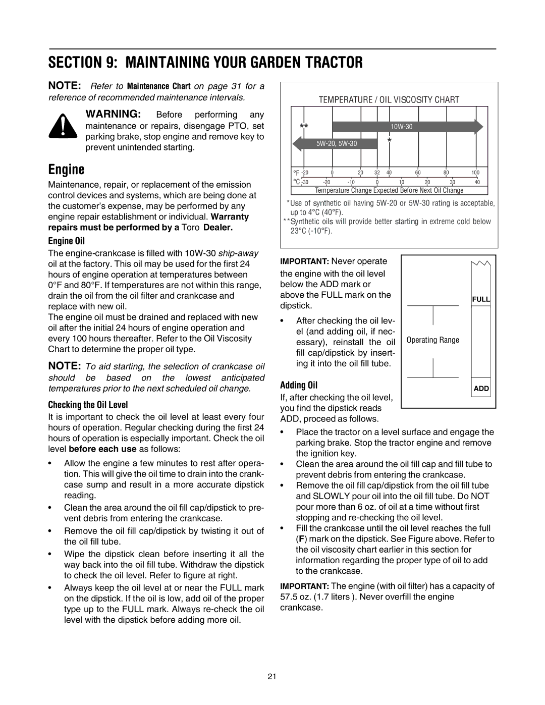 Toro 14AK81RK744, 14AQ81RP744 manual Maintaining Your Garden Tractor, Engine Oil, Checking the Oil Level, Adding Oil 