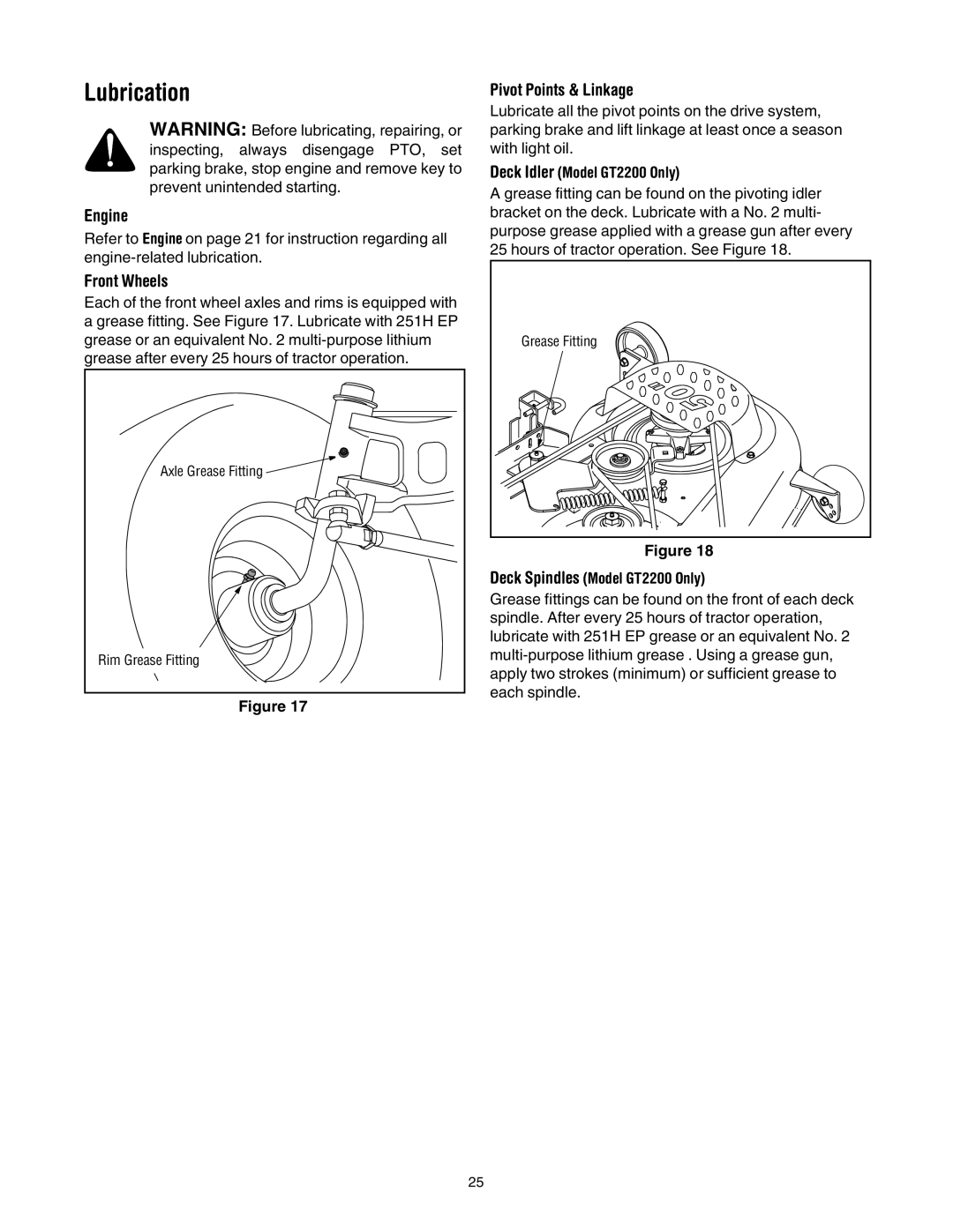 Toro 14AK81RK744, 14AQ81RP744 manual Lubrication, Engine, Front Wheels, Pivot Points & Linkage 