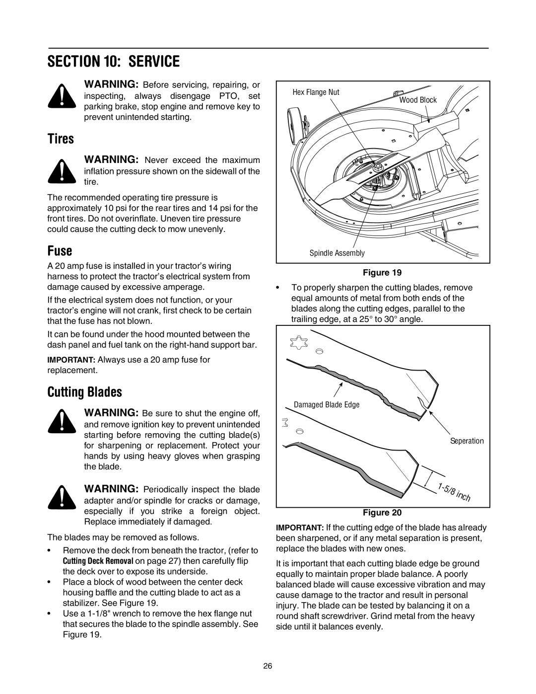 Toro 14AQ81RP744, 14AK81RK744 manual Service, Tires, Fuse, Cutting Blades 