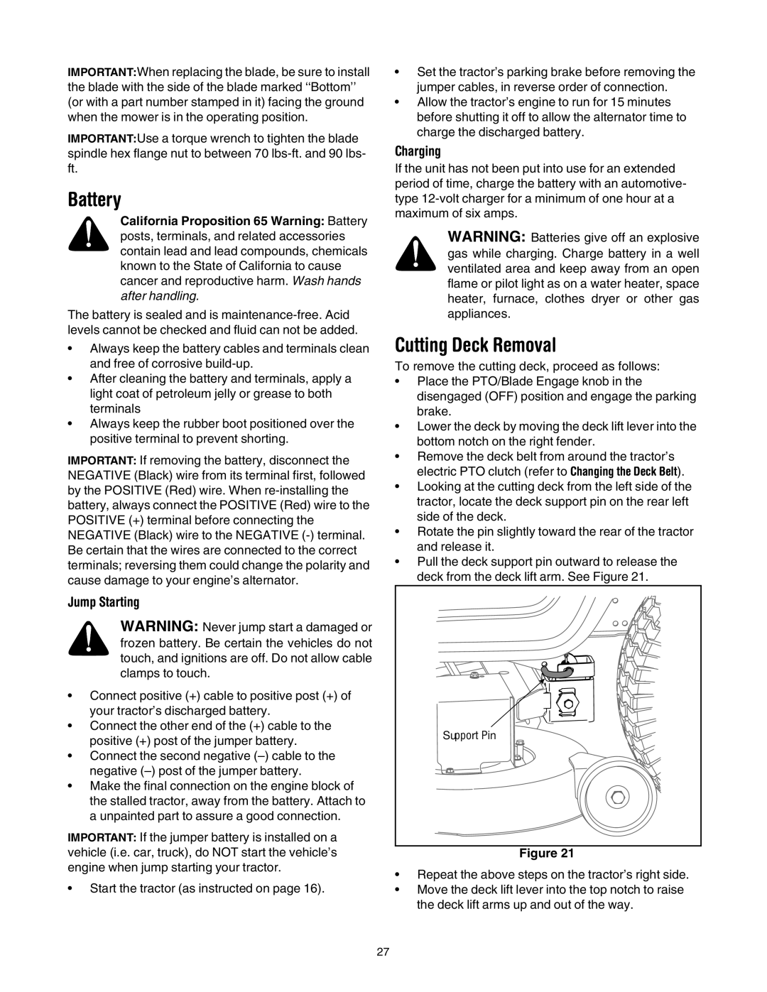 Toro 14AK81RK744, 14AQ81RP744 manual Battery, Cutting Deck Removal, Jump Starting, Charging 