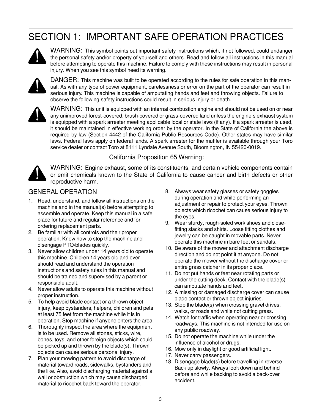 Toro 14AK81RK744, 14AQ81RP744 manual Important Safe Operation Practices, General Operation 