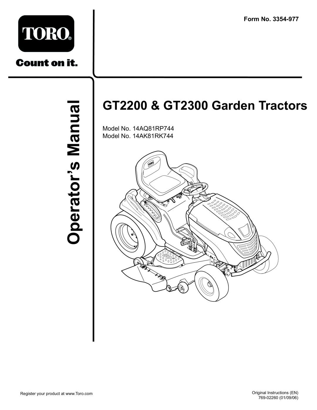 Toro 14AK81RK744, 14AQ81RP744 manual ManualOperator’s, Form No, GT2200 & GT2300 Garden Tractors, Original Instructions EN 