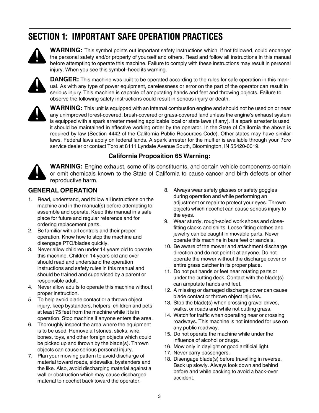 Toro 14AK81RK744, 14AQ81RP744 Important Safe Operation Practices, California Proposition 65 Warning, General Operation 