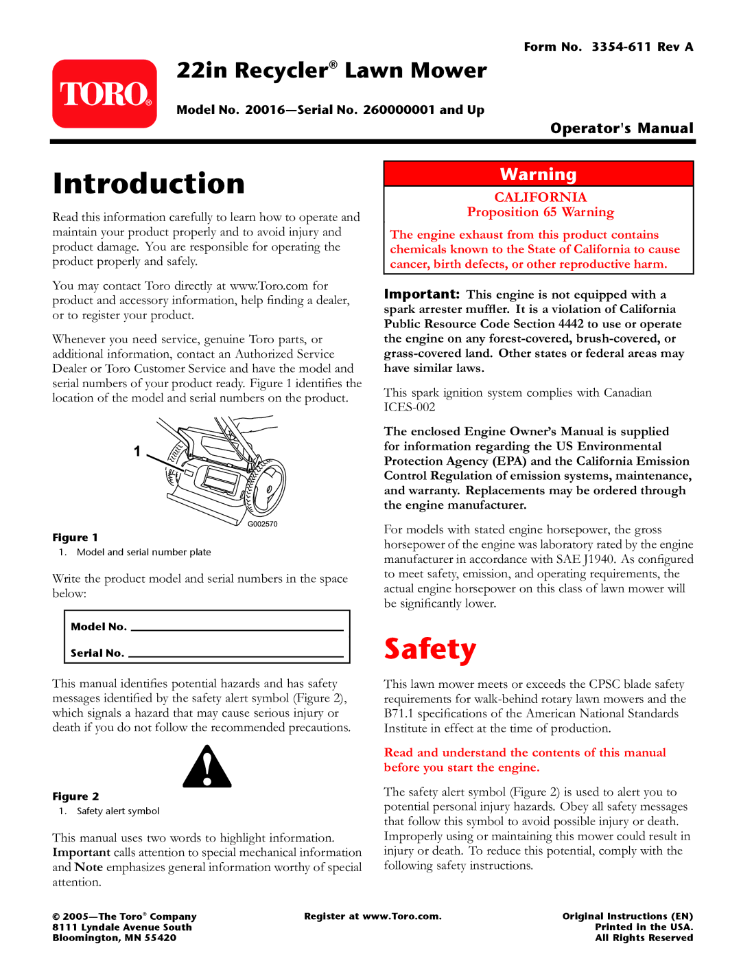 Toro 20016 owner manual Introduction, California 