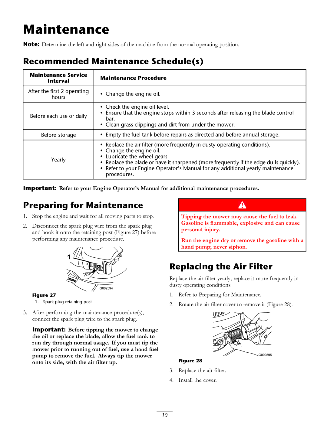 Toro 20016 owner manual Recommended Maintenance Schedules, Preparing for Maintenance, Replacing the Air Filter 