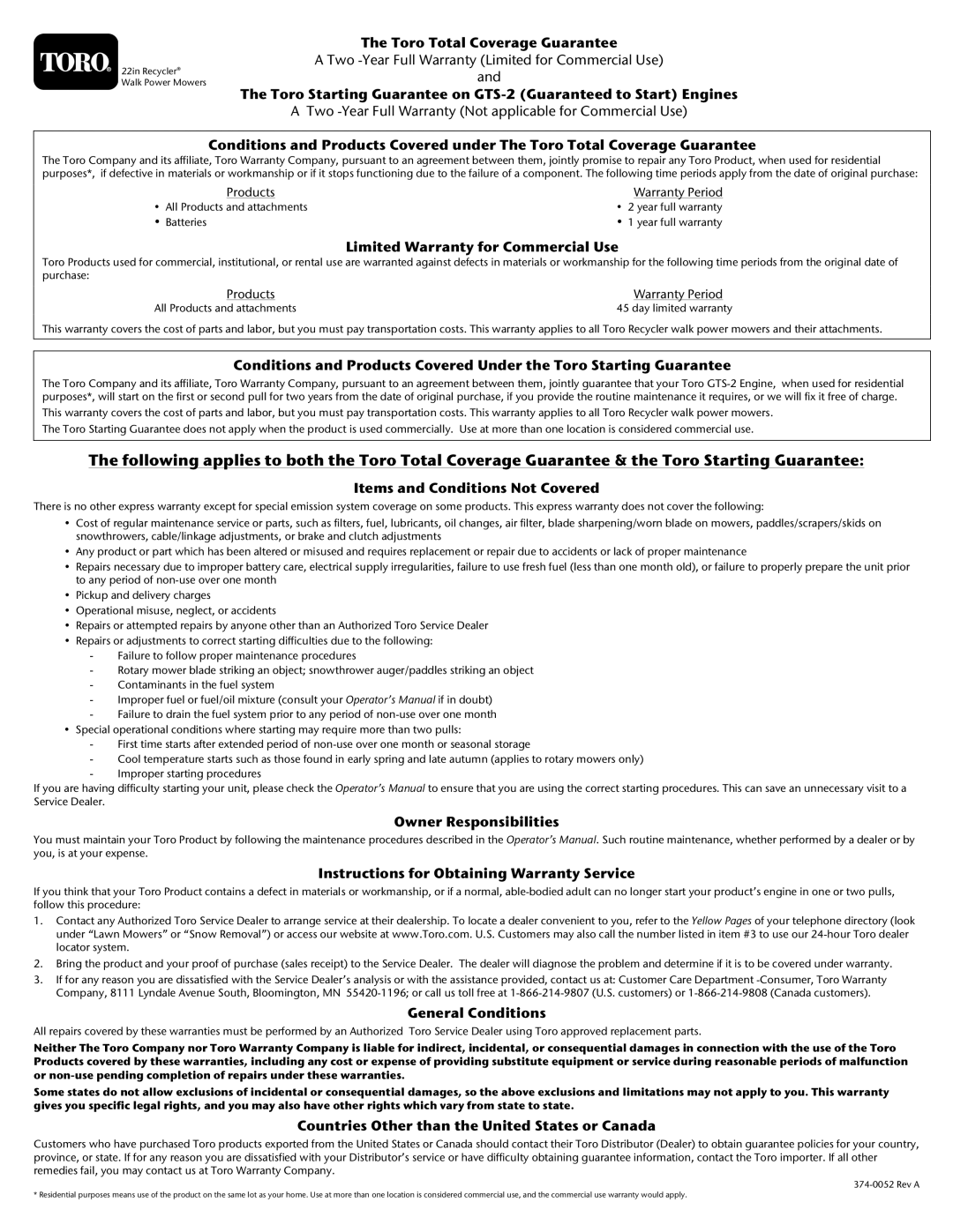 Toro 20016 owner manual Toro Total Coverage Guarantee 