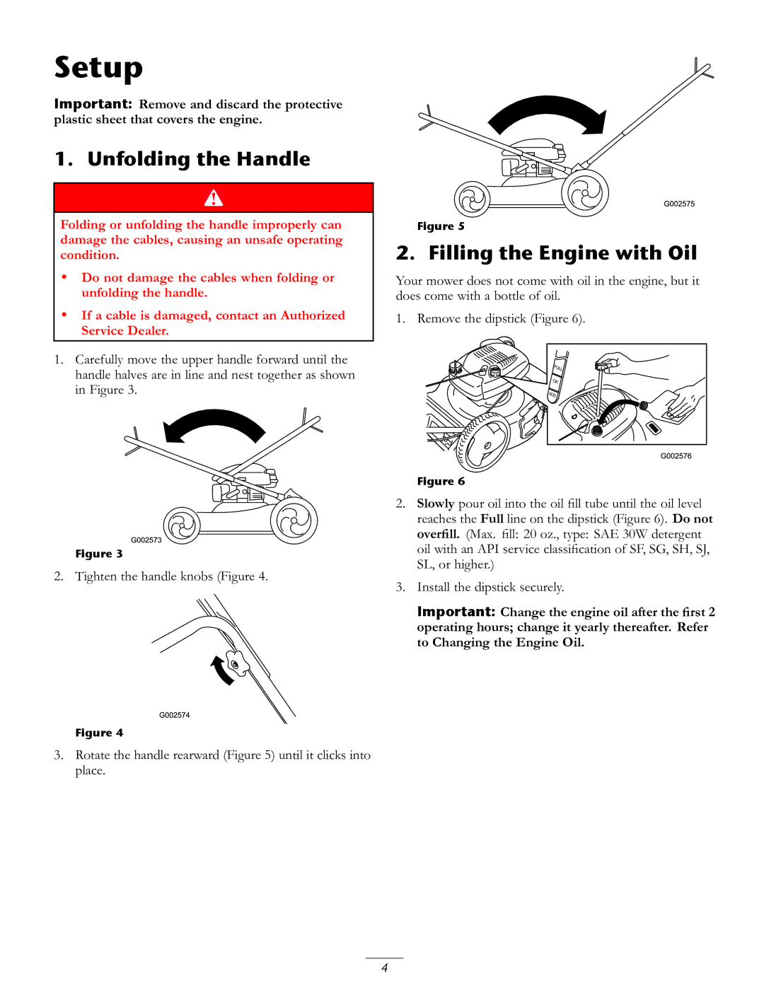 Toro 20016 owner manual Setup, Unfolding the Handle, Filling the Engine with Oil 