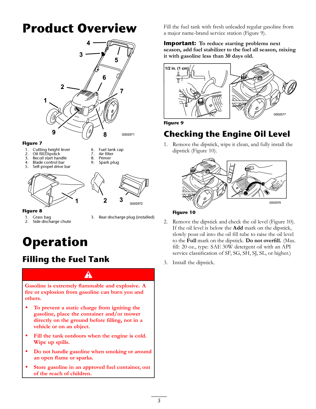 Toro 20016 owner manual Product Overview, Operation, Checking the Engine Oil Level, Filling the Fuel Tank 