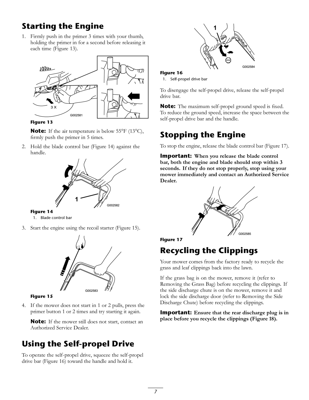 Toro 20016 owner manual Starting the Engine, Stopping the Engine, Using the Self-propel Drive, Recycling the Clippings 