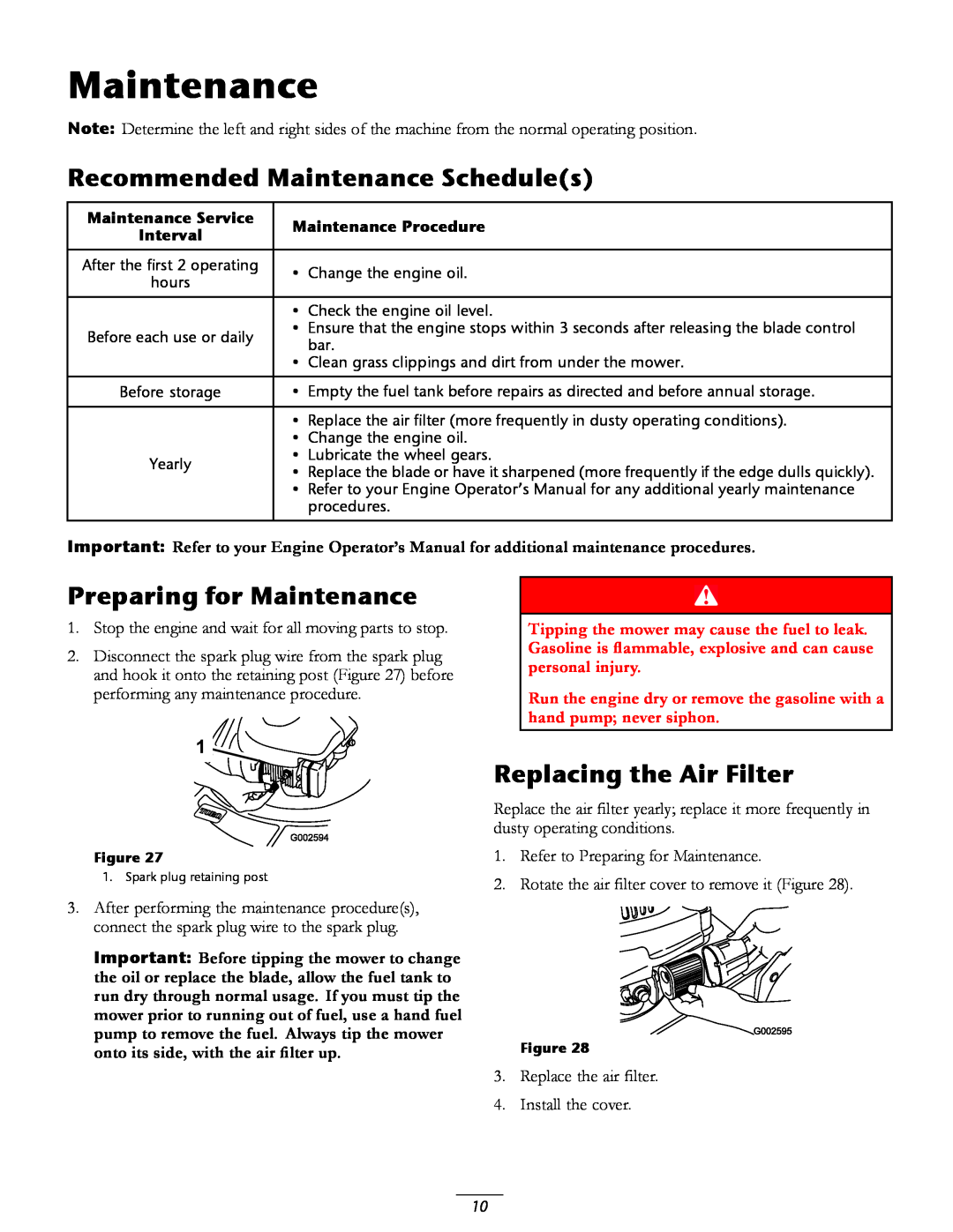 Toro 20016 owner manual Recommended Maintenance Schedules, Preparing for Maintenance, Replacing the Air Filter 