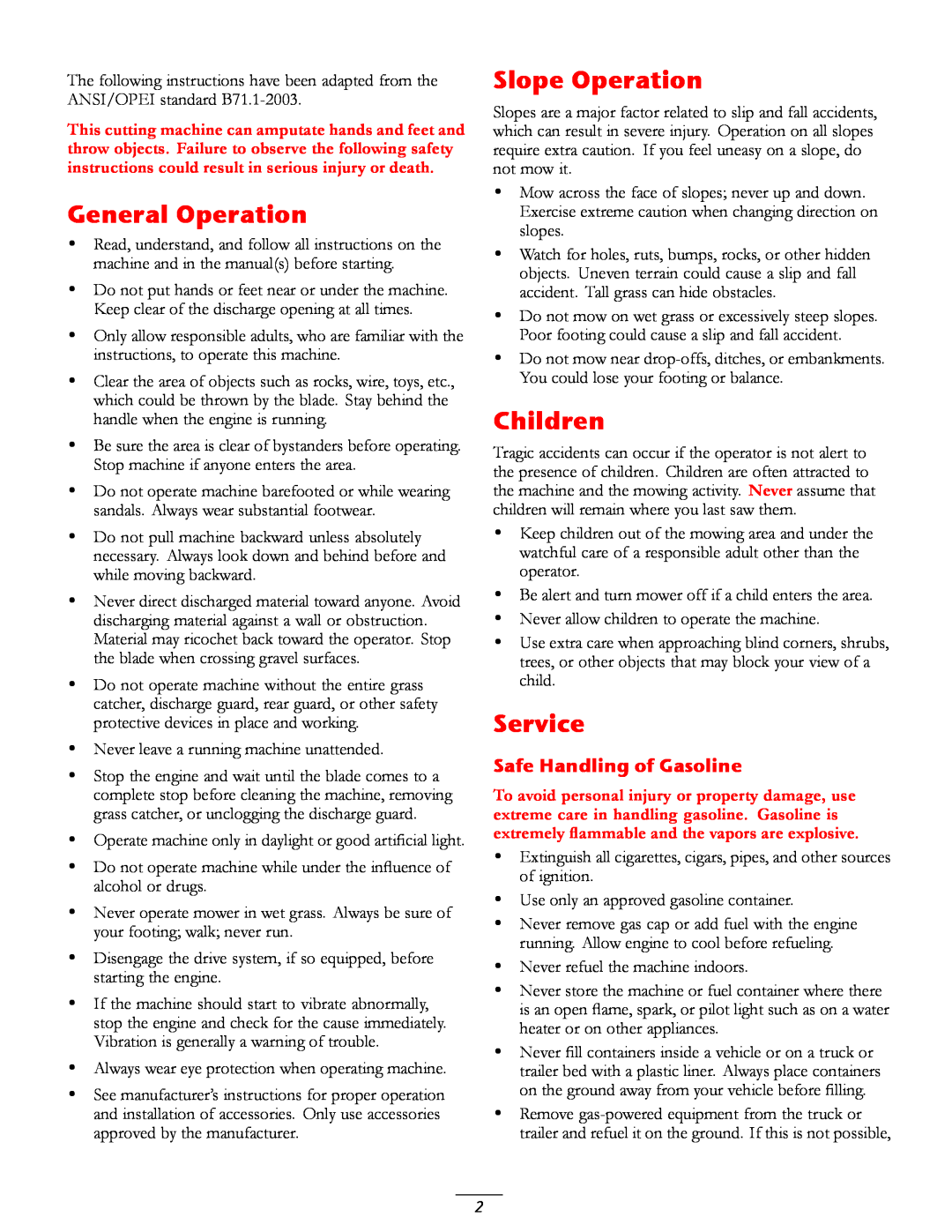 Toro 20016 owner manual General Operation, Slope Operation, Children, Service, Safe Handling of Gasoline 