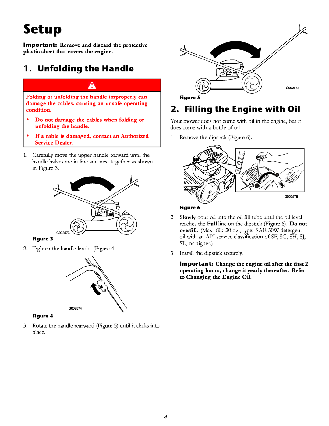 Toro 20016 owner manual Setup, Unfolding the Handle, Filling the Engine with Oil 