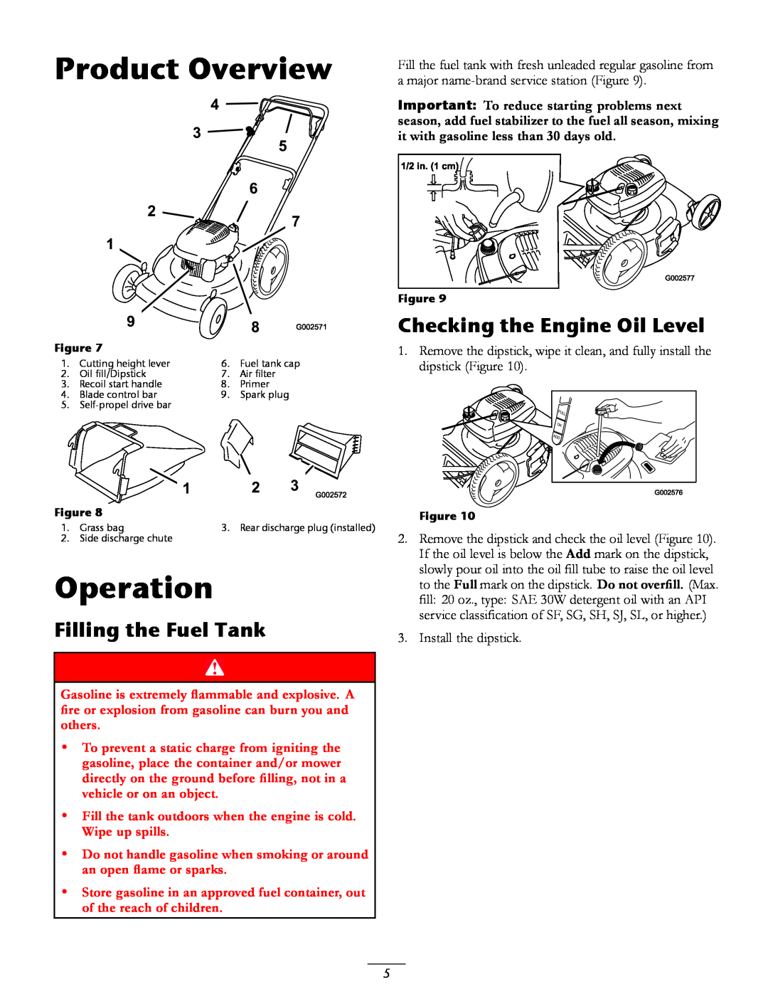 Toro 20016 owner manual Product Overview, Operation, Checking the Engine Oil Level, Filling the Fuel Tank 
