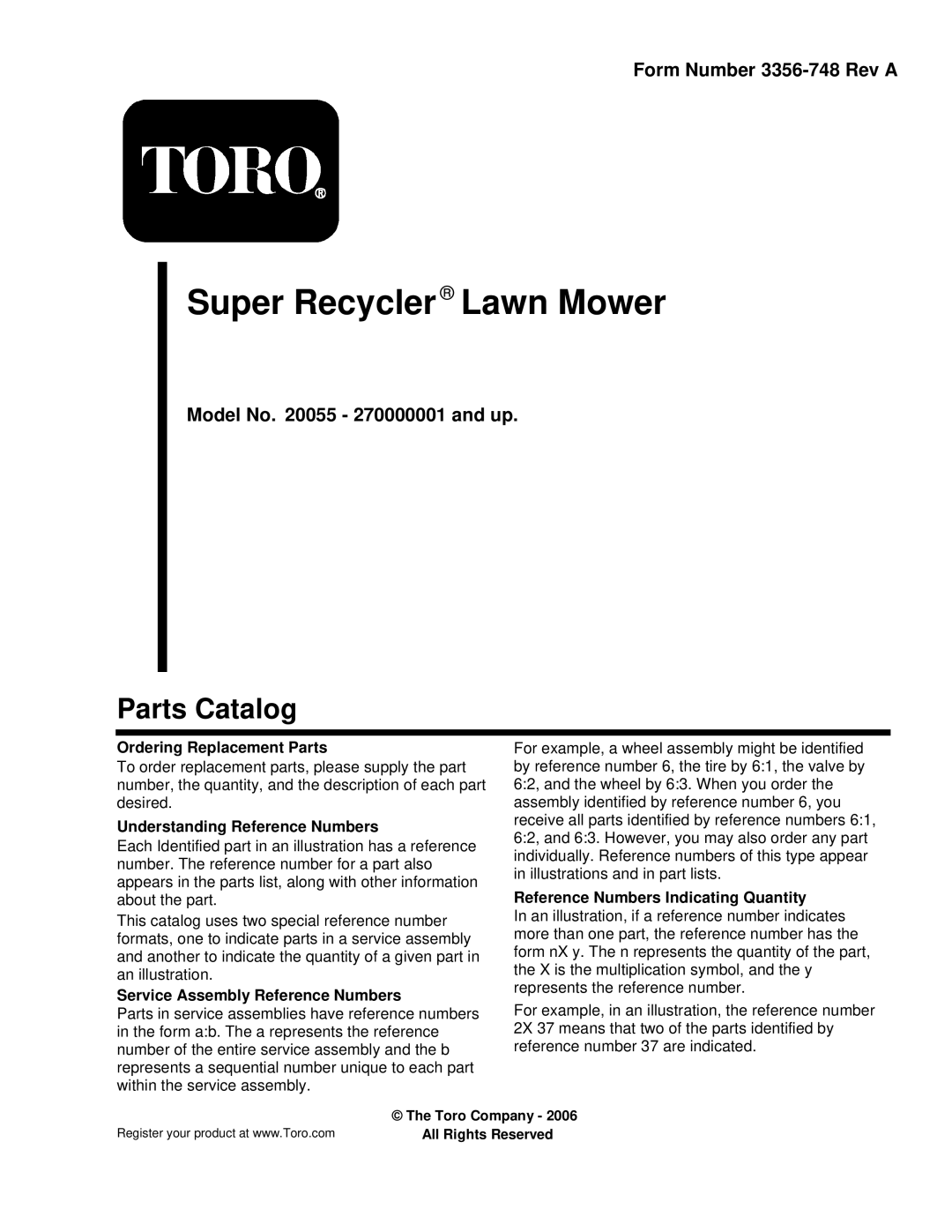 Toro 20055 manual Super Recycler Lawn Mower, Parts Catalog 