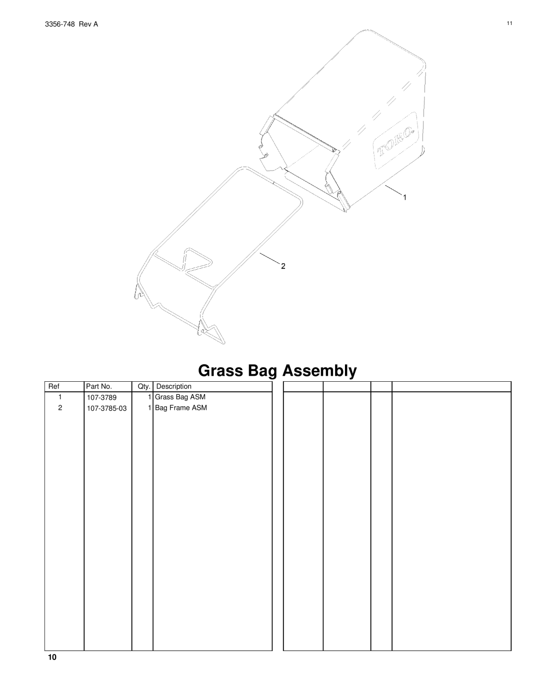 Toro 20055 manual Grass Bag Assembly 