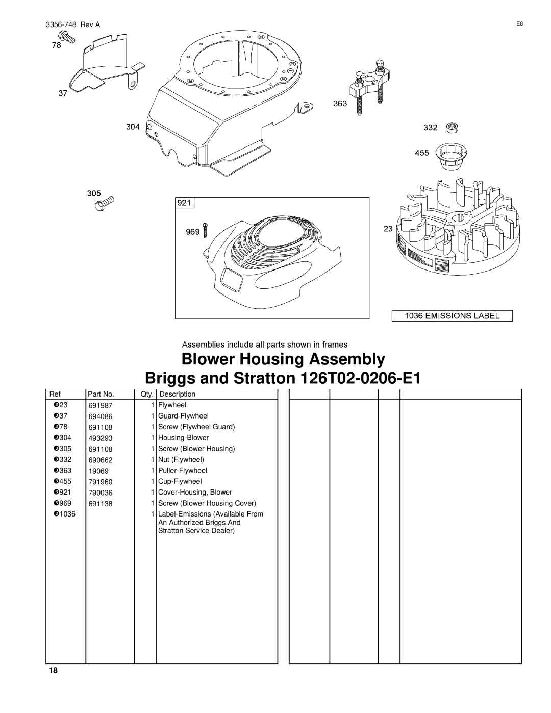 Toro 20055 manual Blower Housing Assembly Briggs and Stratton 126T02-0206-E1 