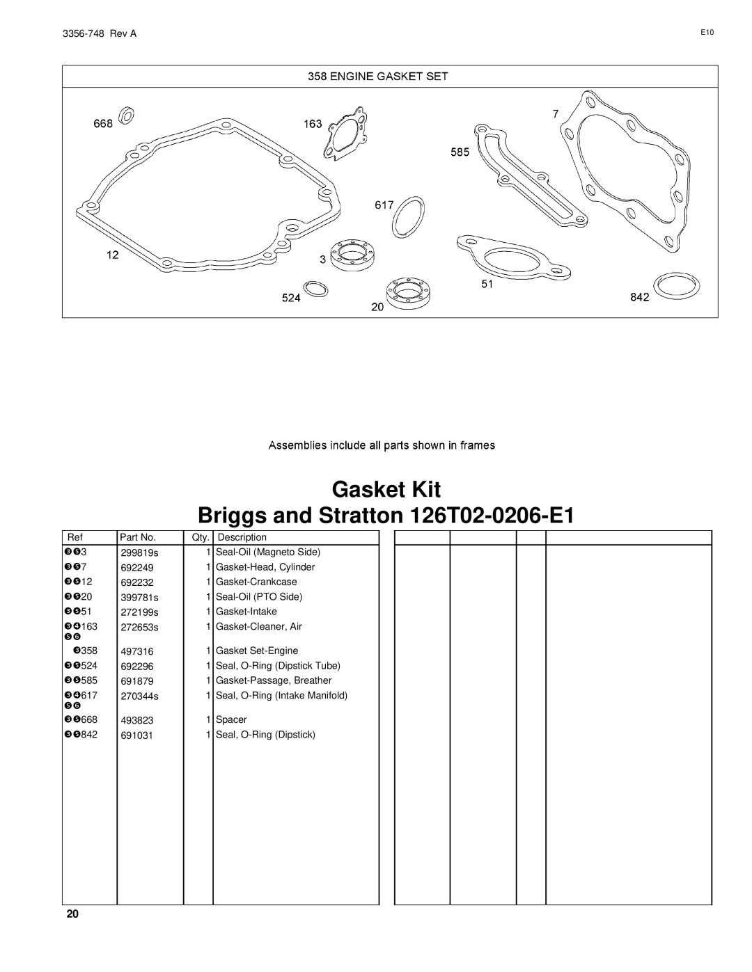 Toro 20055 manual Gasket Kit Briggs and Stratton 126T02-0206-E1 