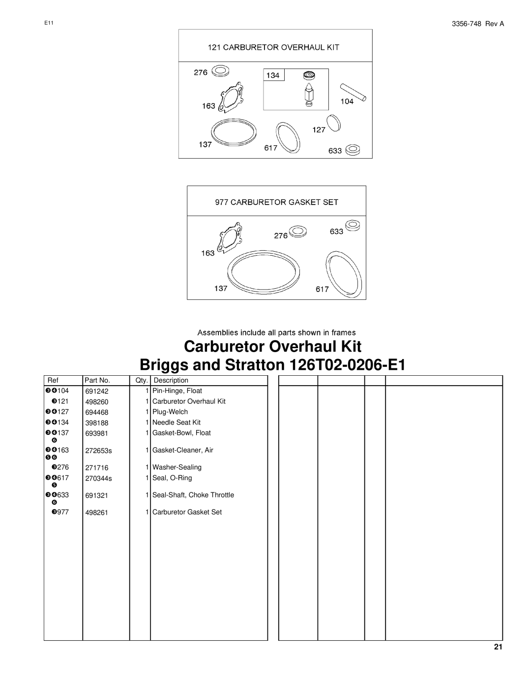 Toro 20055 manual Carburetor Overhaul Kit Briggs and Stratton 126T02-0206-E1 