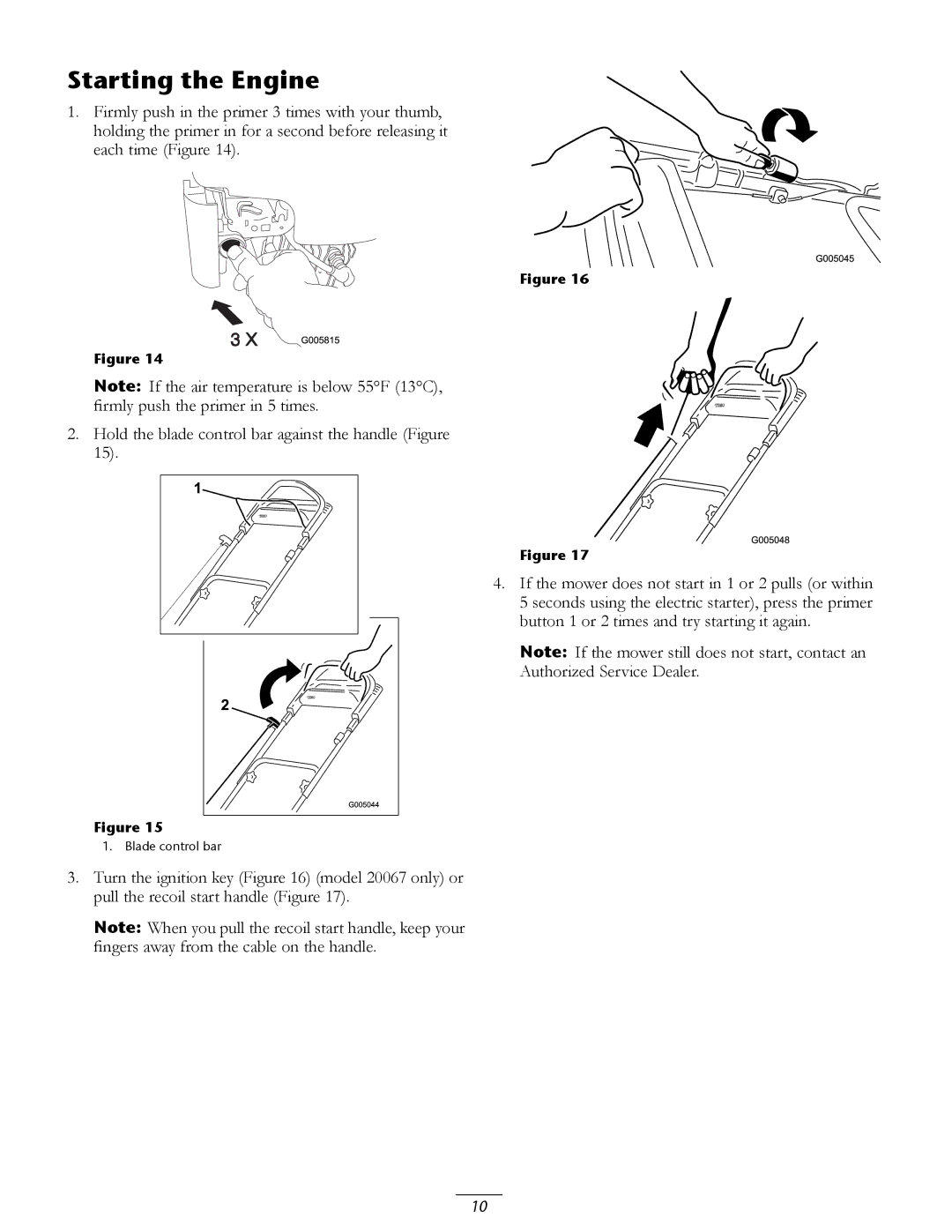 Toro 20067, 20066 manual Starting the Engine 