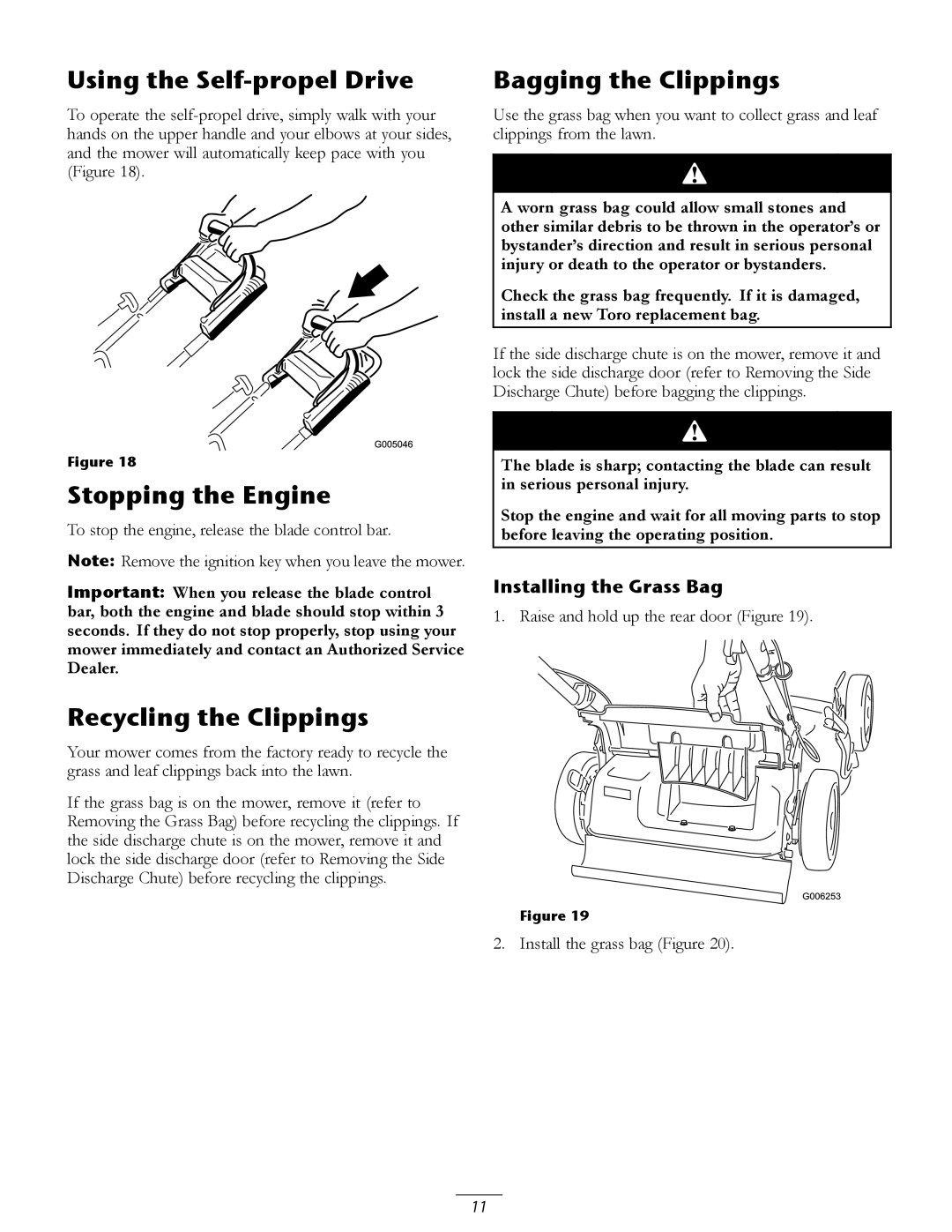 Toro 20066, 20067 manual Using the Self-propel Drive, Stopping the Engine, Recycling the Clippings, Bagging the Clippings 