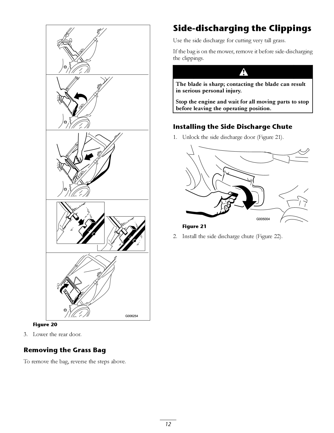 Toro 20067, 20066 manual Side-discharging the Clippings, Installing the Side Discharge Chute, Removing the Grass Bag 