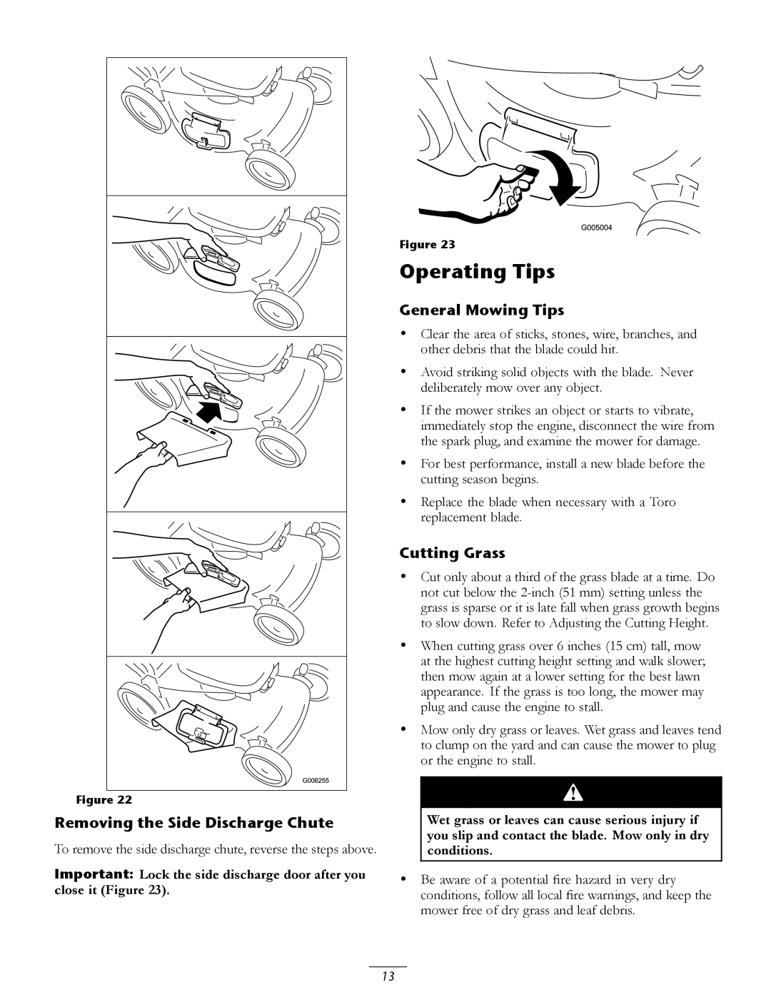 Toro 20066, 20067 manual Operating Tips, Removing the Side Discharge Chute, General Mowing Tips, Cutting Grass 