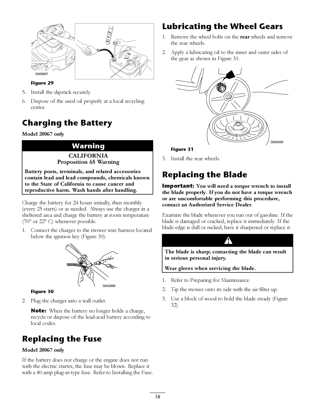 Toro 20067, 20066 manual Lubricating the Wheel Gears, Replacing the Fuse, Replacing the Blade 