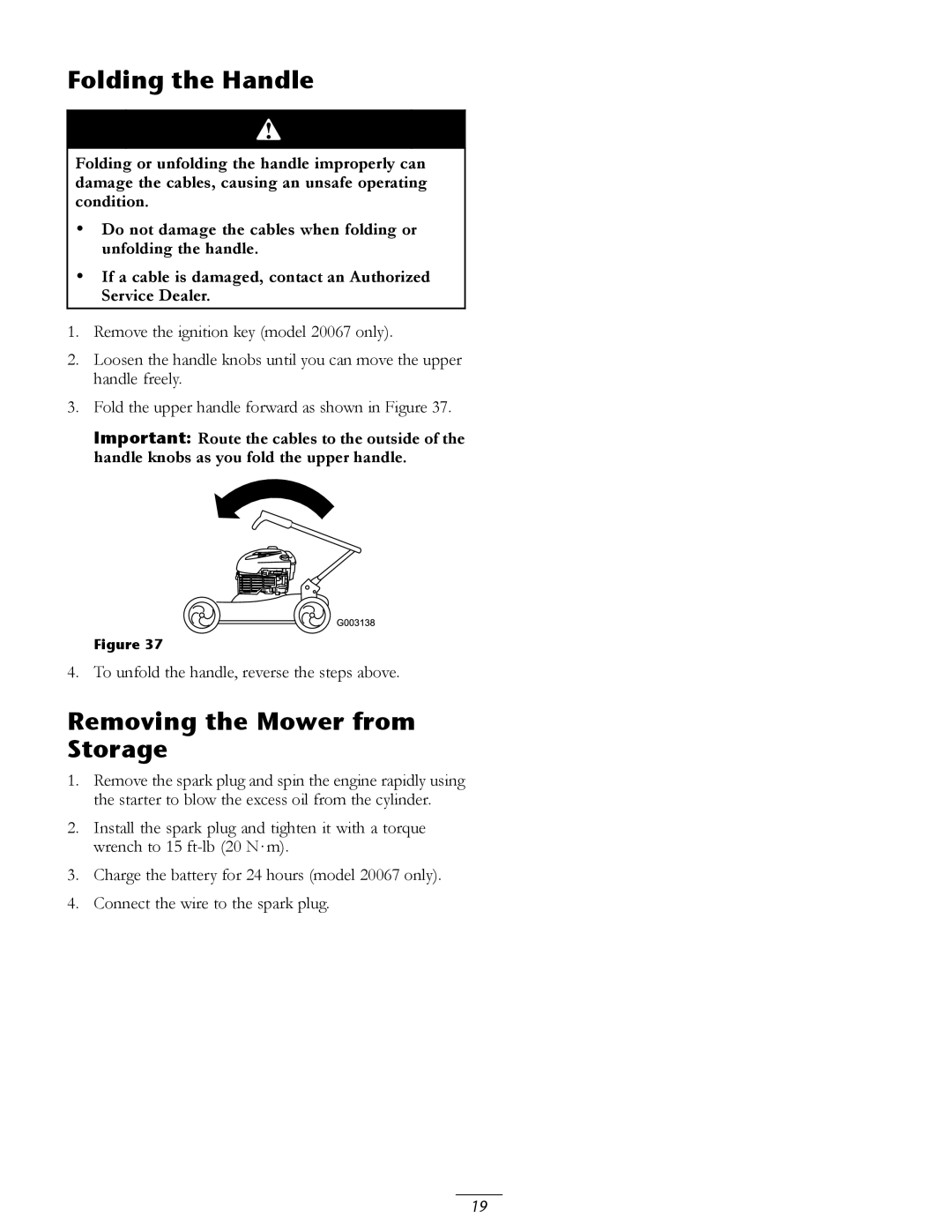 Toro 20066, 20067 manual Folding the Handle, Removing the Mower from Storage 