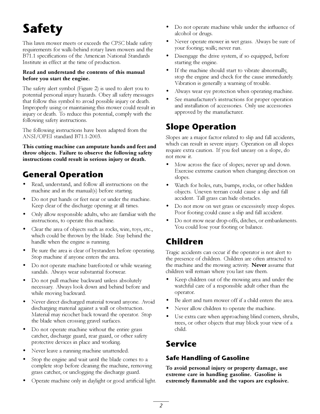 Toro 20067, 20066 manual Safety, General Operation, Slope Operation, Children, Service 