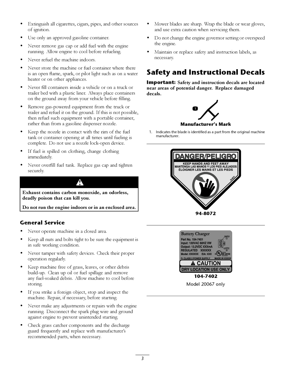 Toro 20066, 20067 manual Safety and Instructional Decals, General Service 