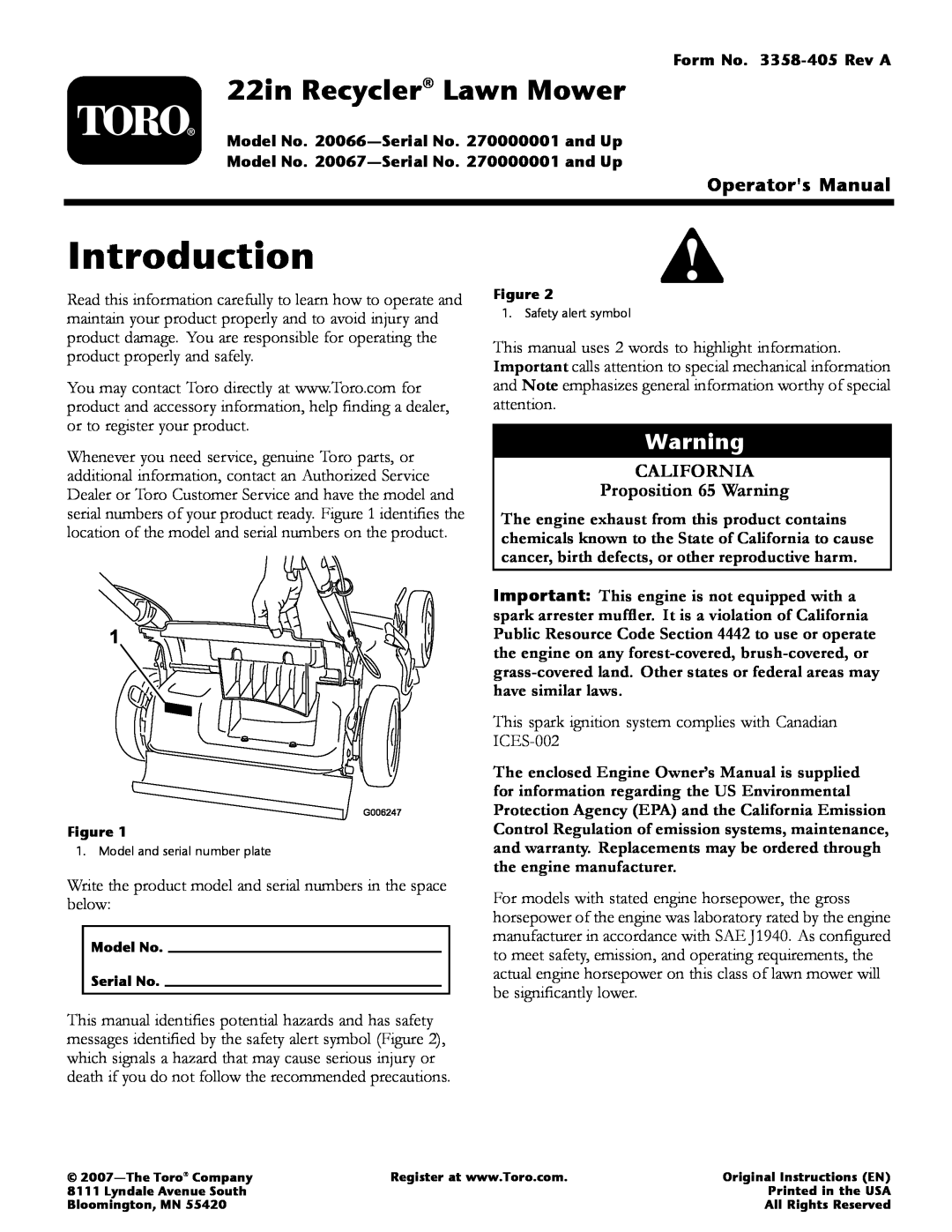 Toro 20066, 20067 manual Introduction, Operators Manual, CALIFORNIA Proposition 65 Warning, 22in Recycler Lawn Mower 