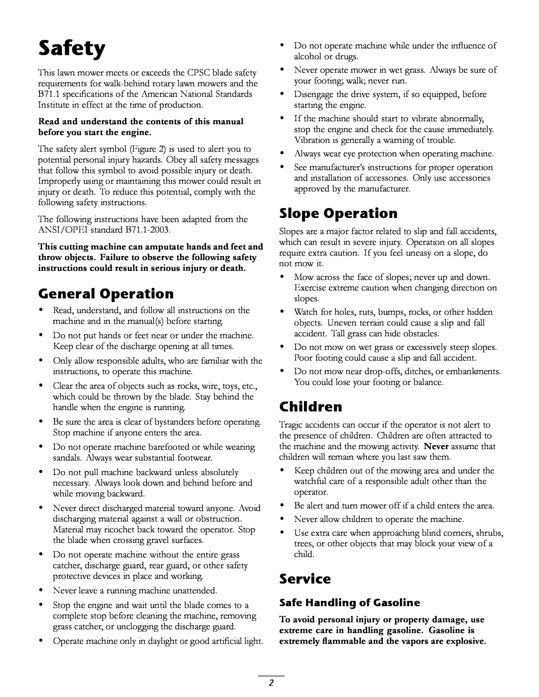 Toro 20067, 20066 manual Safety, General Operation, Slope Operation, Children, Service, Safe Handling of Gasoline 