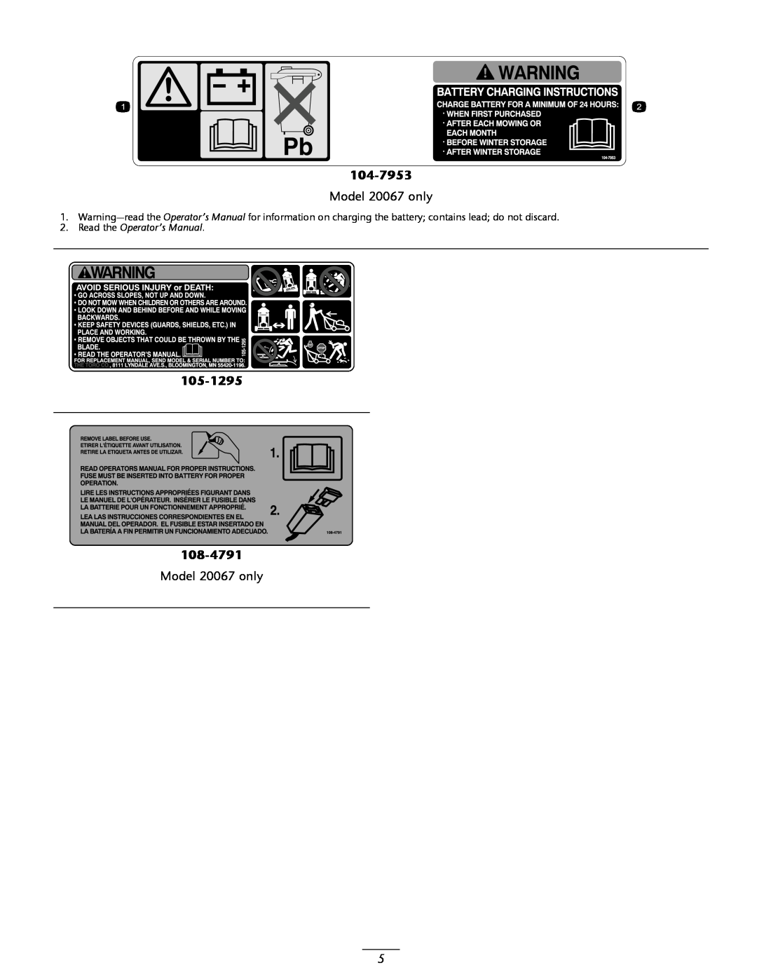 Toro 20066, 20067 manual 104-7953, 105-1295, Read the Operator’s Manual 