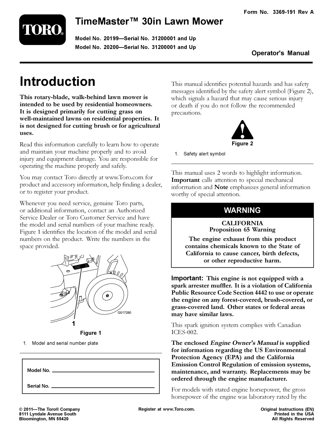 Toro 20199, 20200 owner manual Introduction, TimeMaster 30in Lawn Mower 