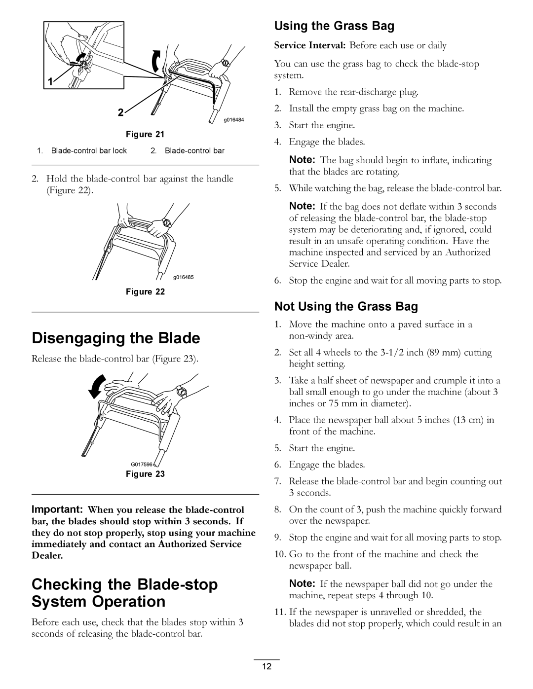 Toro 20200, 20199 owner manual Disengaging the Blade, Checking the Blade-stop System Operation, Not Using the Grass Bag 