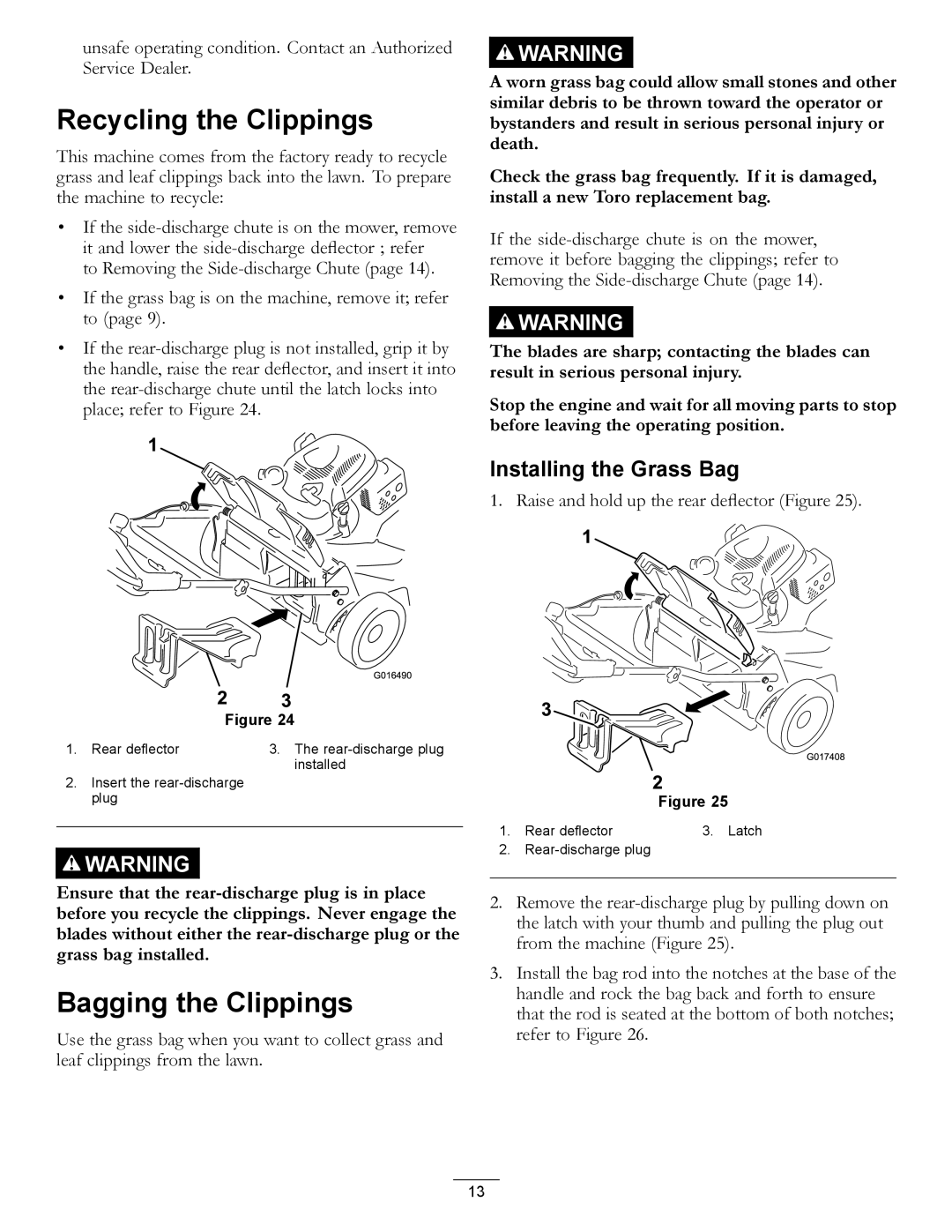 Toro 20199, 20200 owner manual Recycling the Clippings, Bagging the Clippings, Installing the Grass Bag 