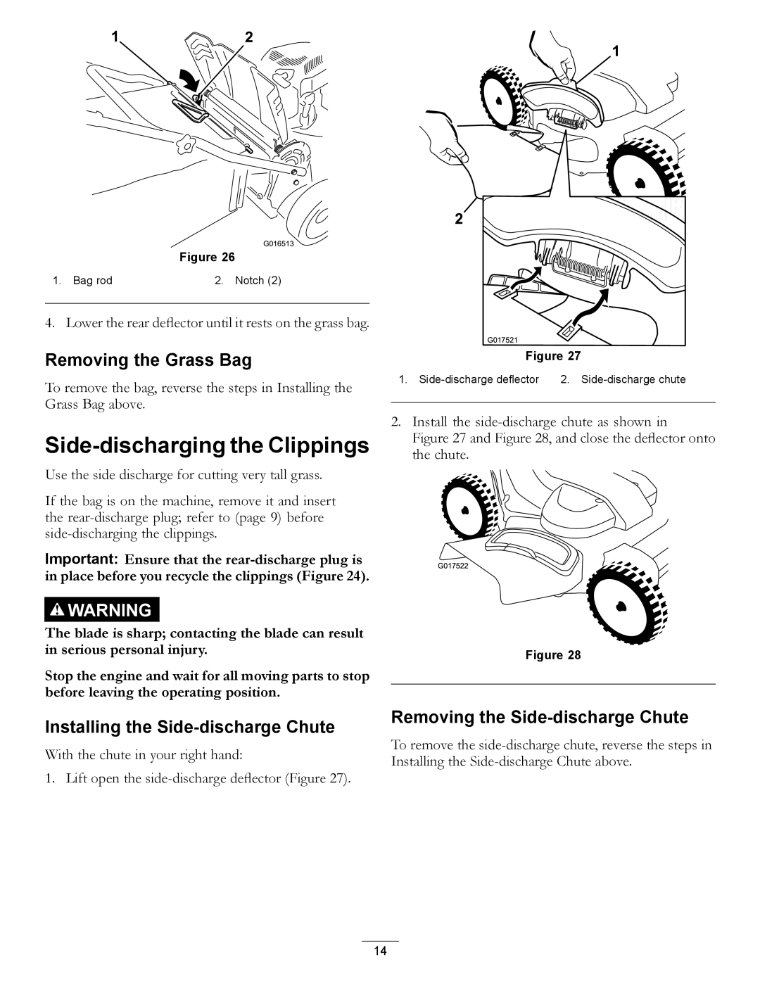 Toro 20200, 20199 owner manual Side-discharging the Clippings, Removing the Grass Bag, Installing the Side-discharge Chute 