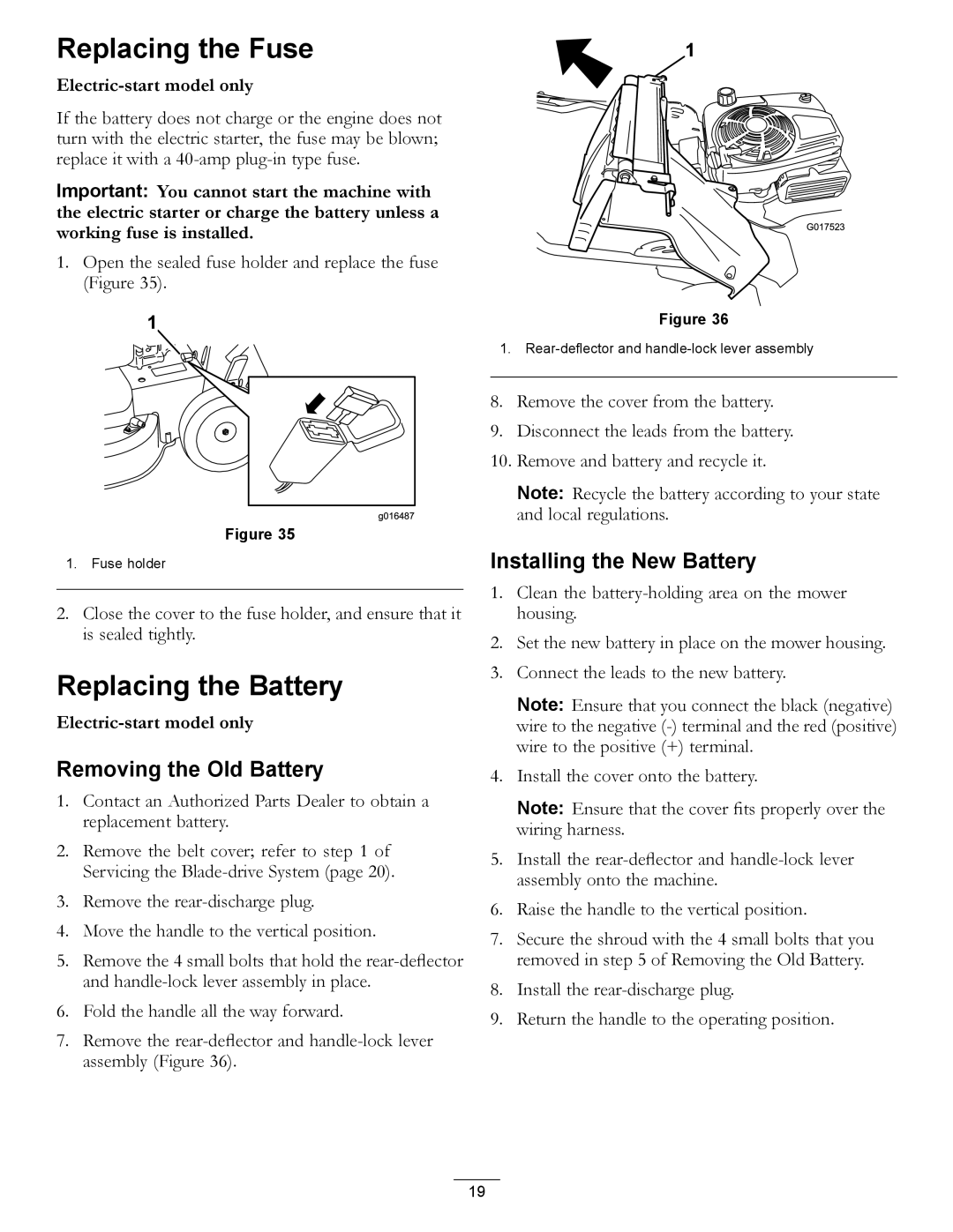 Toro 20199, 20200 Replacing the Fuse, Replacing the Battery, Removing the Old Battery, Installing the New Battery 