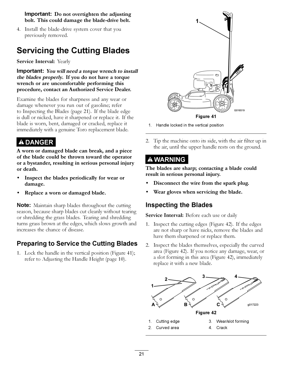 Toro 20199, 20200 owner manual Servicing the Cutting Blades, Preparing to Service the Cutting Blades, Inspecting the Blades 