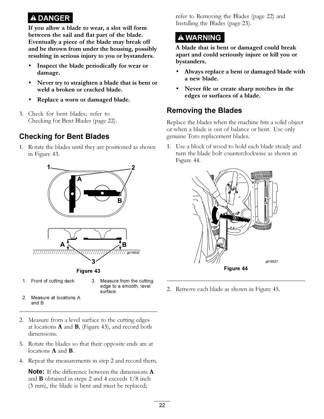 Toro 20200, 20199 owner manual Checking for Bent Blades, Removing the Blades 