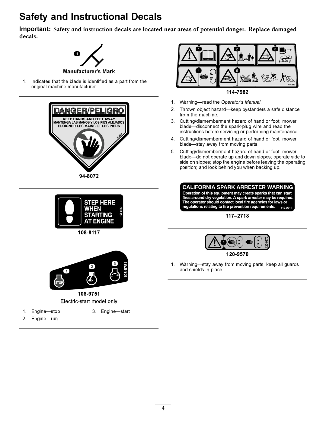 Toro 20200, 20199 owner manual Safety and Instructional Decals, 114-7982 