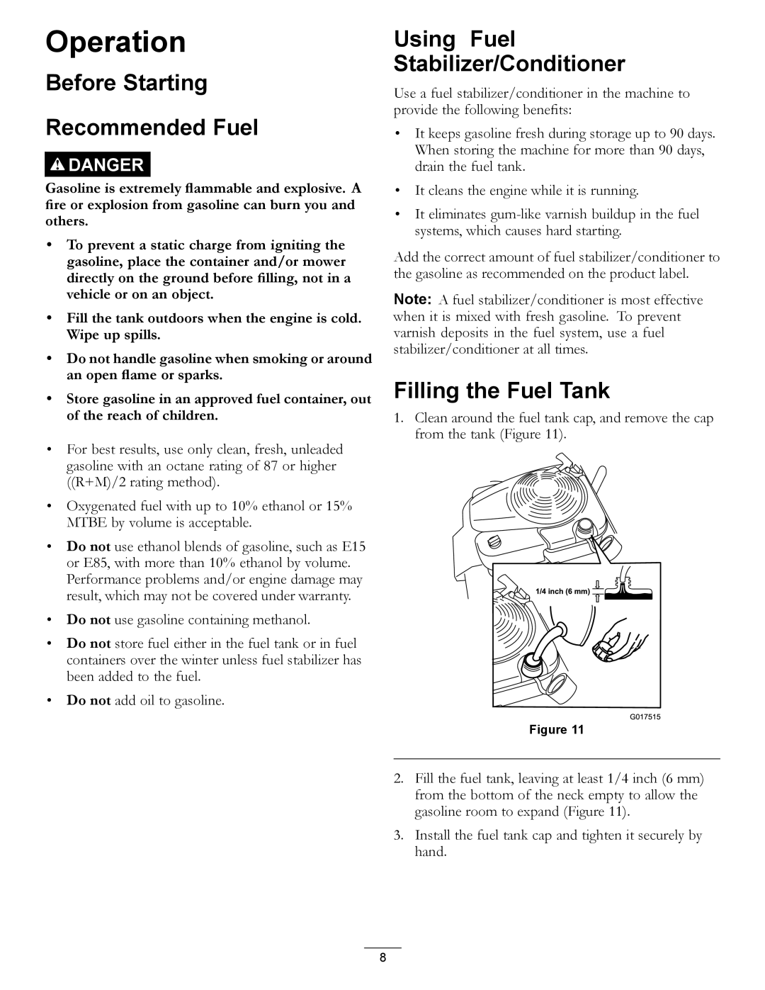 Toro 20200, 20199 Operation, Before Starting Recommended Fuel, Using Fuel Stabilizer/Conditioner, Filling the Fuel Tank 