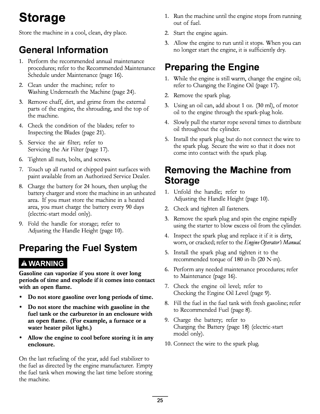 Toro 20199, 20200 owner manual Storage, General Information, Preparing the Fuel System, Preparing the Engine 