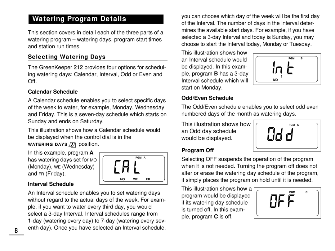 Toro 212 manual Watering Program Details 