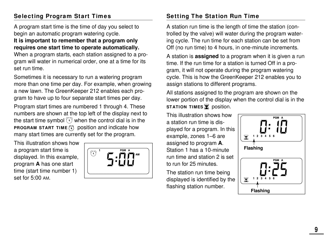 Toro 212 Selecting Program Start Times, Program start times are numbered 1 through 4. These, Setting The Station Run Time 